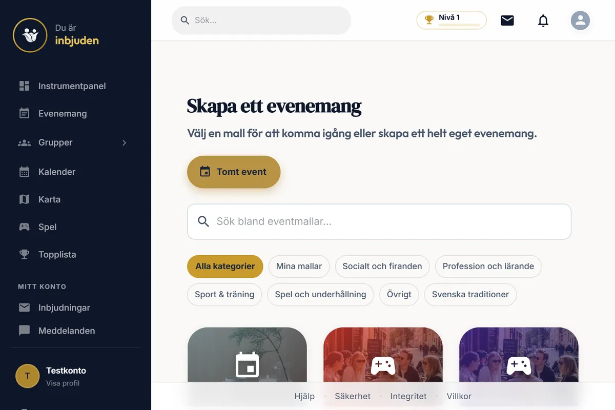 Skärmbild: skapa en inbjudan i Inbjuden